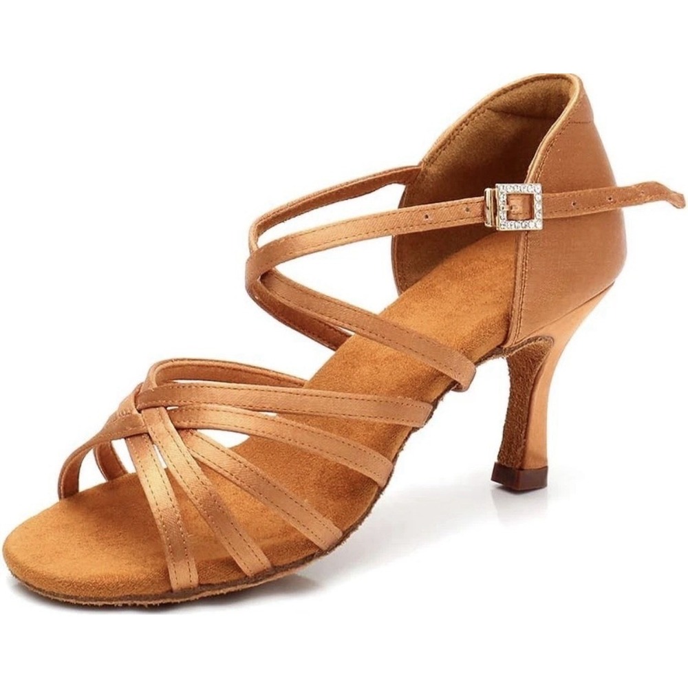 RoseMoli Women's Latin Dance Shoes Satin Professional 5.5 Tan-2.8inch Heels